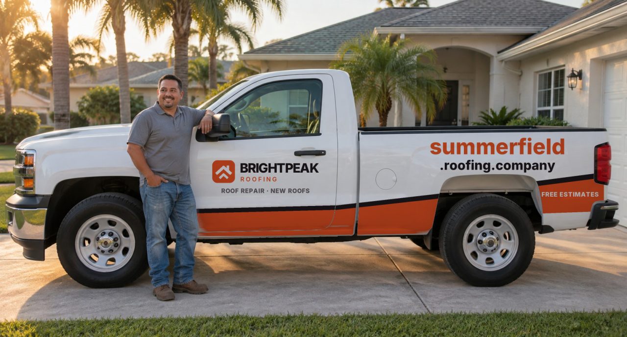 summerfield.roofing.company painted on the side of a white work truck